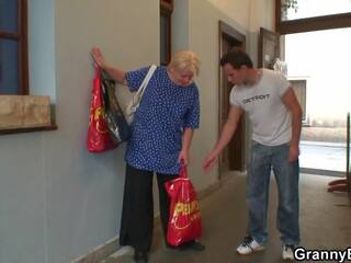 Grand Blonde Granny Pleases Lucky guy For Help